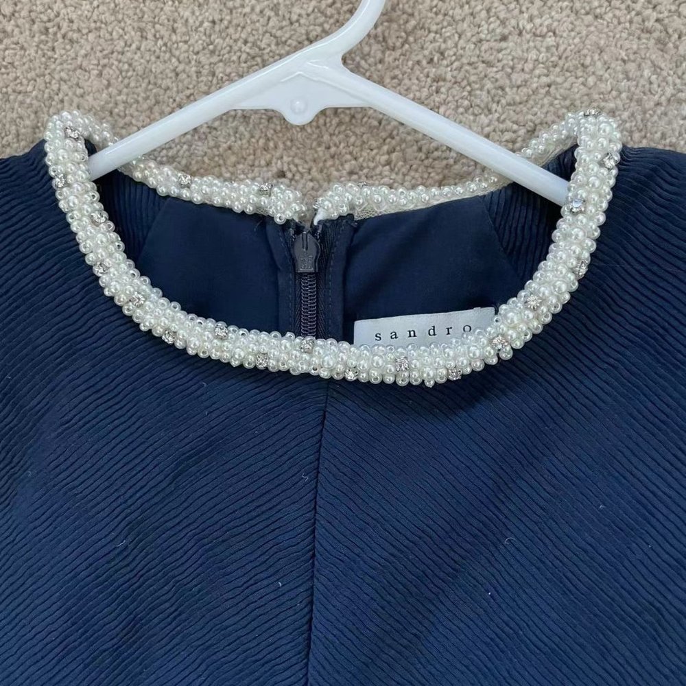 Sandro navy blue cap sleeve textured Rosalie dress (Size 34)